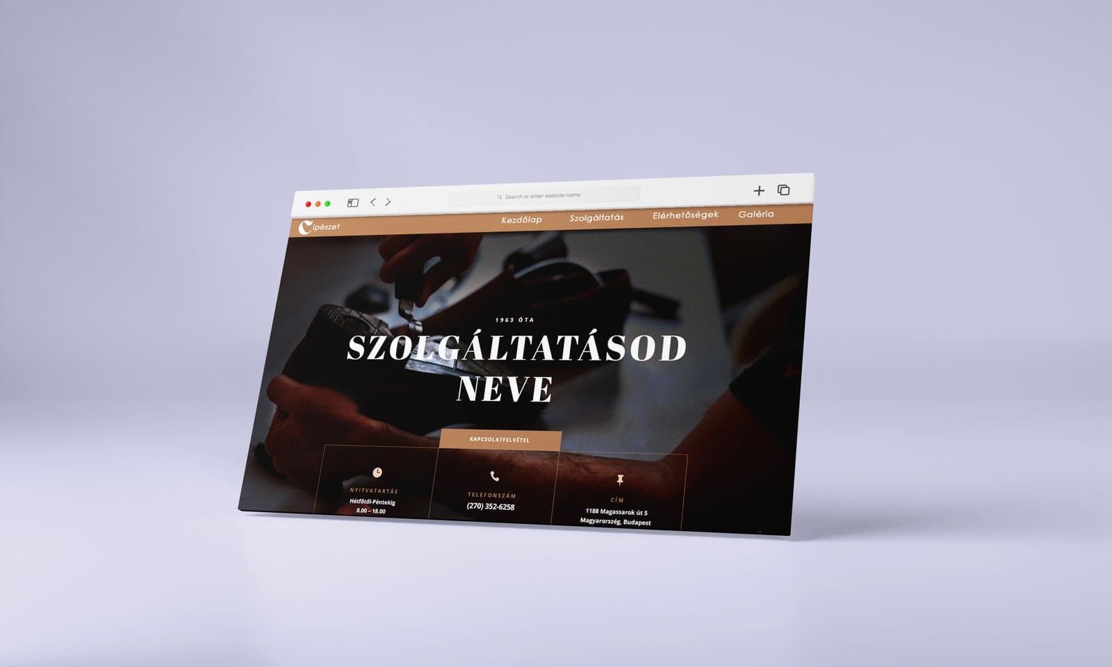 Cipész vállalkozás bemutatkozó weboldalának nyitóképe böngészőablakban