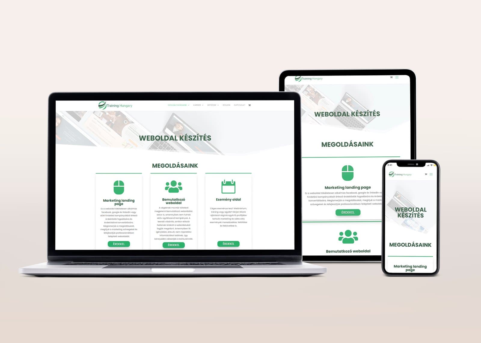 Reszponzív weboldal laptopon, tableten és mobiltelefonon – a Training Hungary weboldal készítés oldala