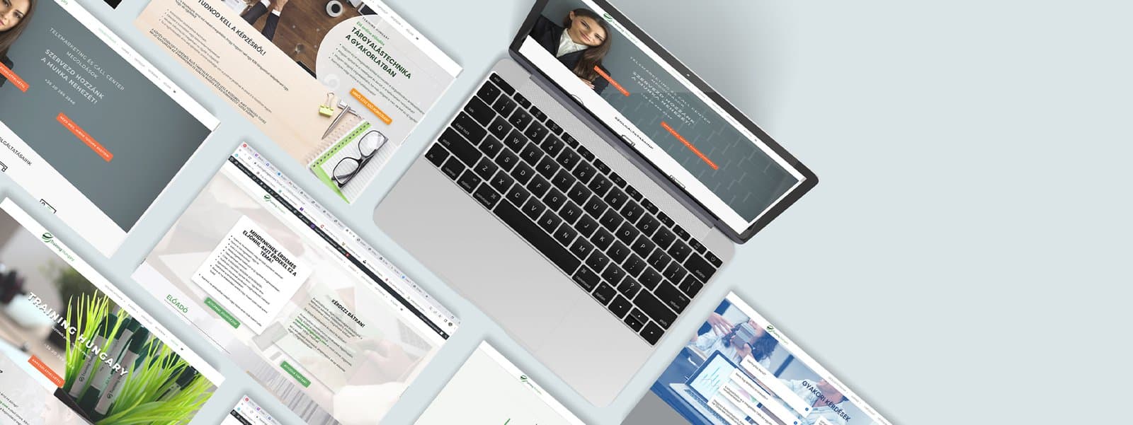 Általunk készített weboldalak válogatása laptopon és nyomtatott oldalnézeteken